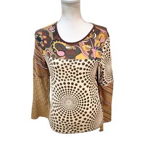 Lapis multi print bell sleeve cotton top beaded in cream/ browns/mauve sz small